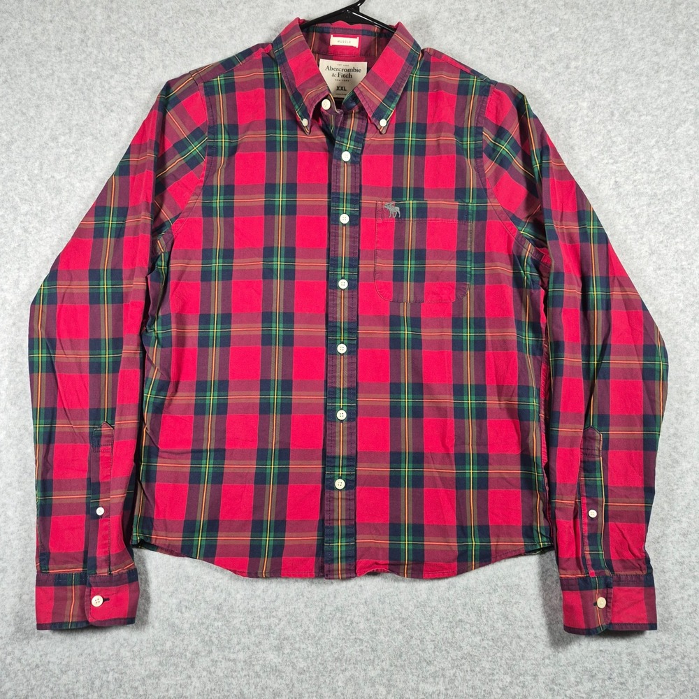 Y2K Abercrombie & Fitch Button Down Shirt Mens XXL Red Plaid Muscle Long Sleeve